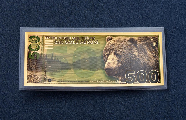 plastic currency sleeve show with a gold aurum bill inside