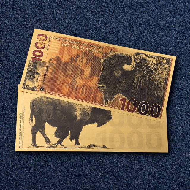 2025 Natural Treasure American Bison 1 gram Gold Aurum Bill front over back