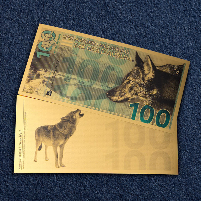 2025 Natural Treasure Gray Wolf Gold Aurum Bill front over back