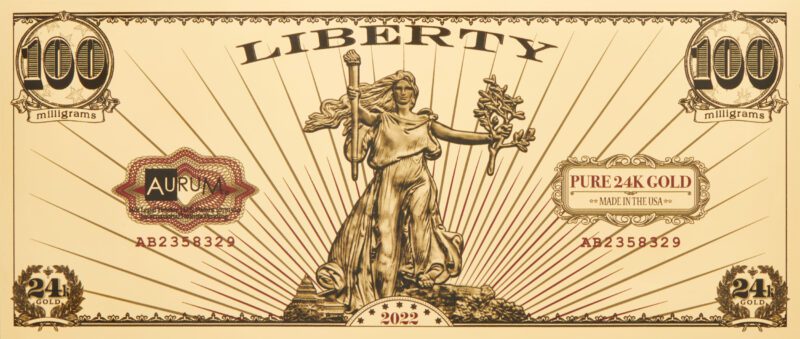 Obverse side of the 2022 St. Gaudens’ Liberty Aurum® bill.