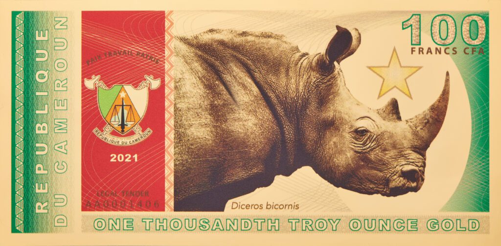 The Obverse side of the Republic Of Cameroon 100 Francs CFA Black Rhinoceros Aurum®