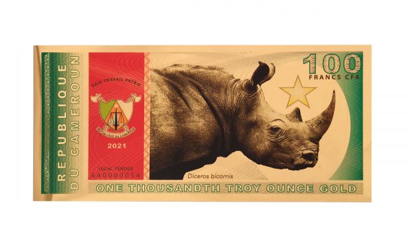 Republic of Cameroon 100 Francs CFA Black Rhinoceros Aurum® – Note in Clear Archival Sleeve