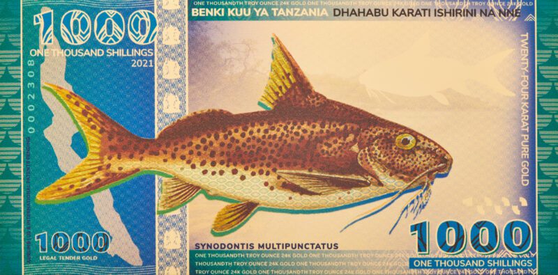 Obverse side of the Tanzanian 1000 Shilling Lake Tanganyika Catfish Aurum® gold bill.