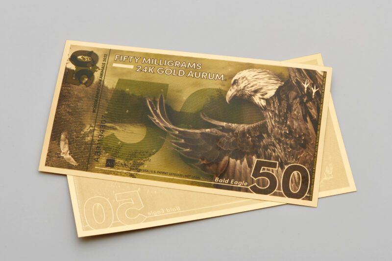 Obverse and Reverse of the 50mg North American Bald Eagle Aurum Gold Bill - - Valaurum, Inc.