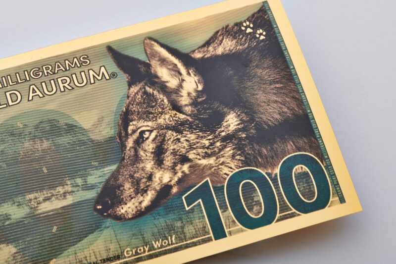 Artwork on the 2023 North American Animal Series Gray Wolf Aurum bill.