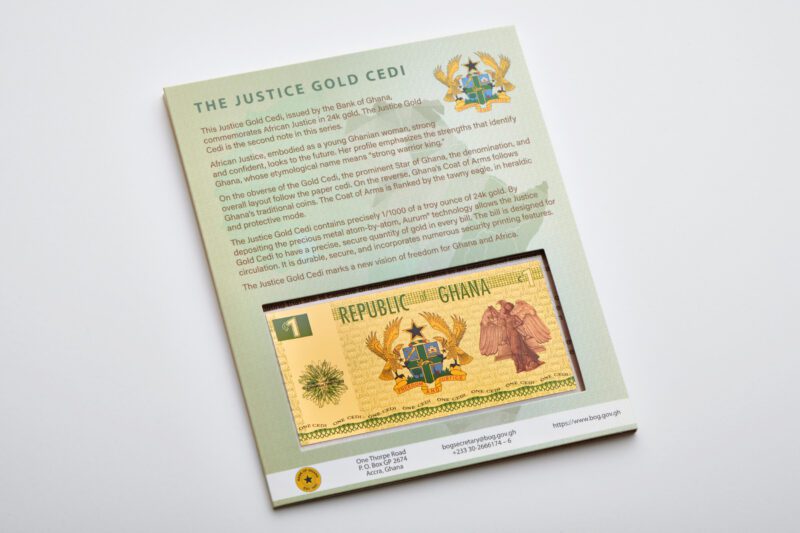 1 Cedi Justice Gold Aurum® back side of the commemorative folder insert.