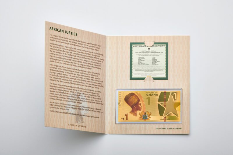 1 Cedi Justice Gold Aurum® bill and COA in the commemorative folder insert.