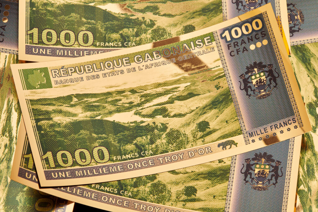 The reserve side of the Gabon 1000 Franc Aurum® Gold Bill.