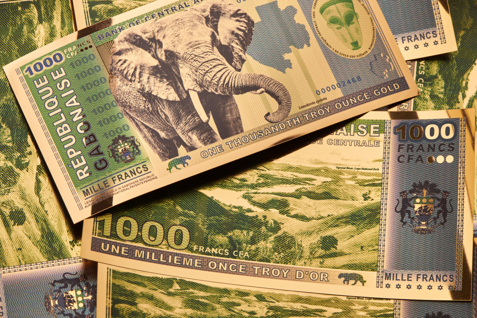 Both sides of the Gabon 1000 Franc Aurum® Gold Bill.