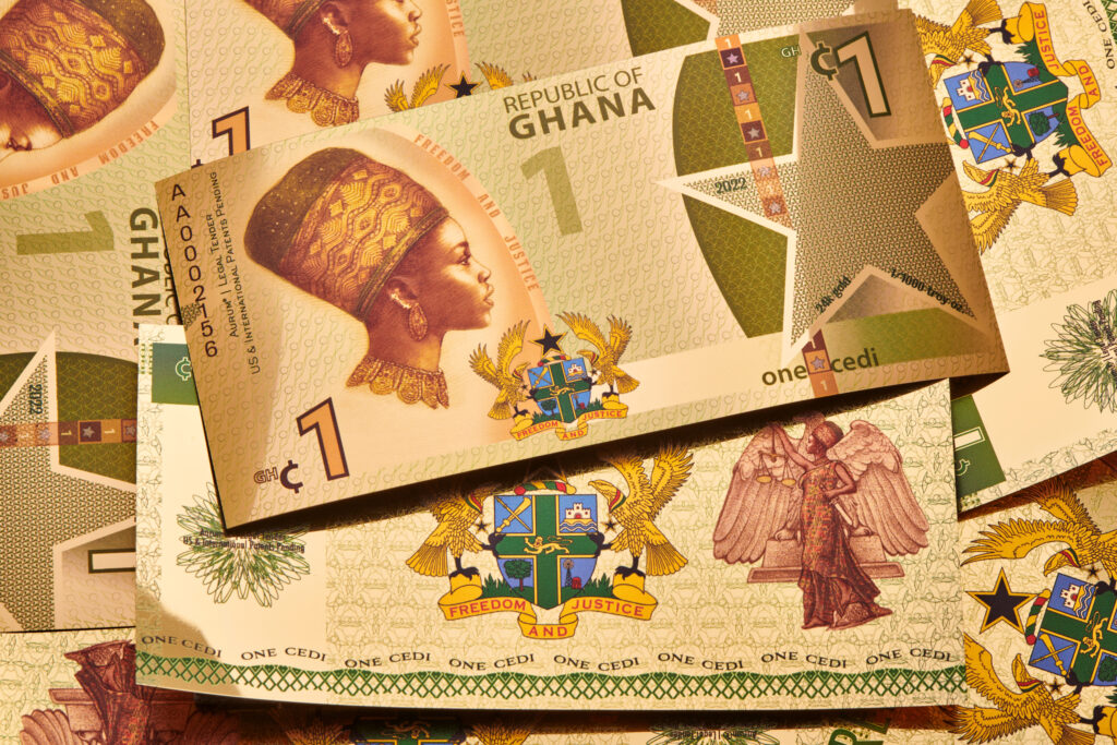 The obverse and reverse sides of multiple Republic of Ghana - 1 Cedi Justice Gold Aurum®